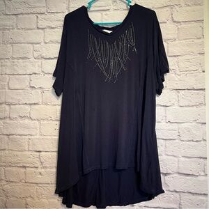 CJ Banks navy blue short sleeve hi-low embellished v- neck blouse sz 2X
